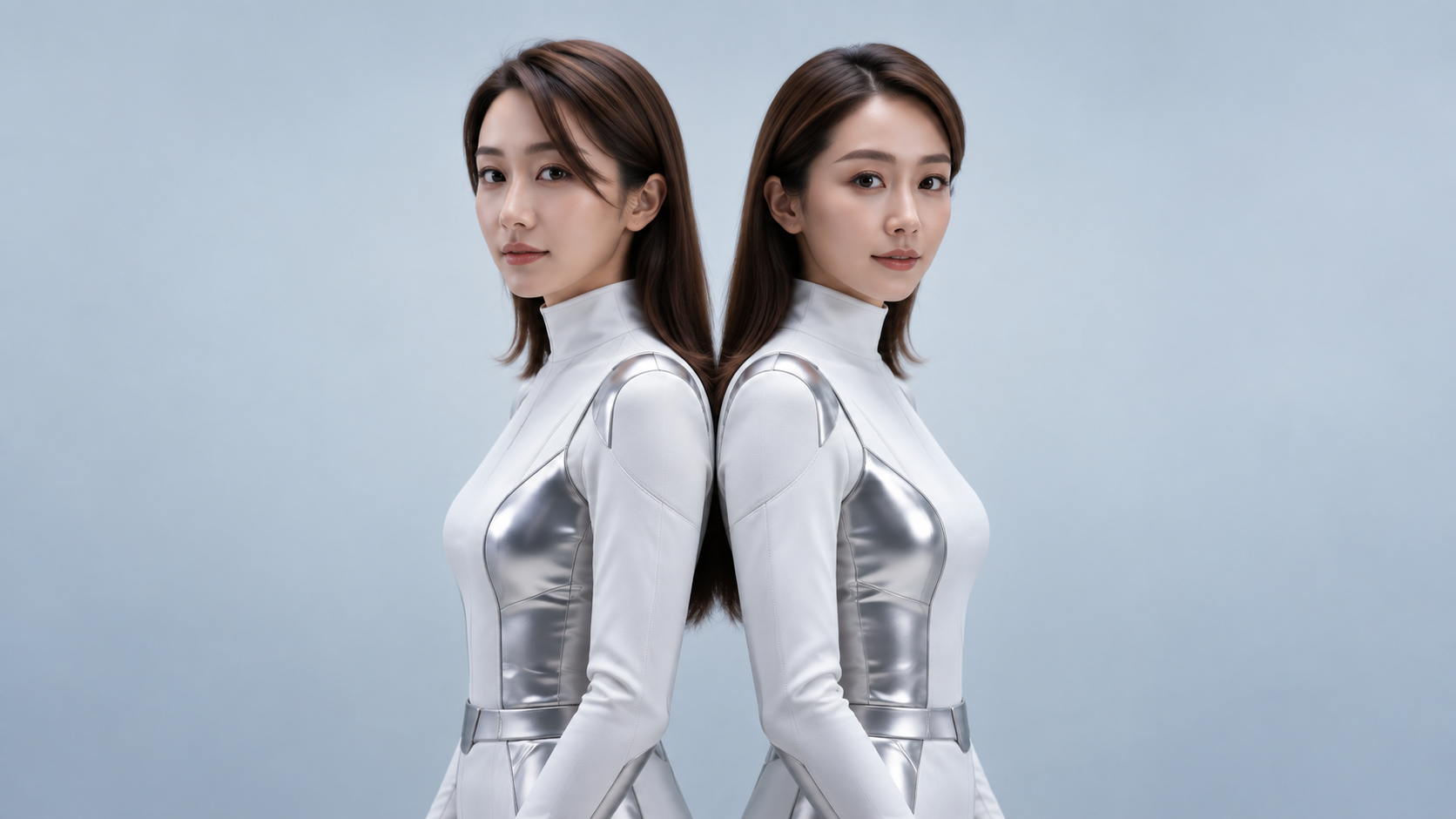 两位银白服装女性仿生人背靠背，形象定制概念图